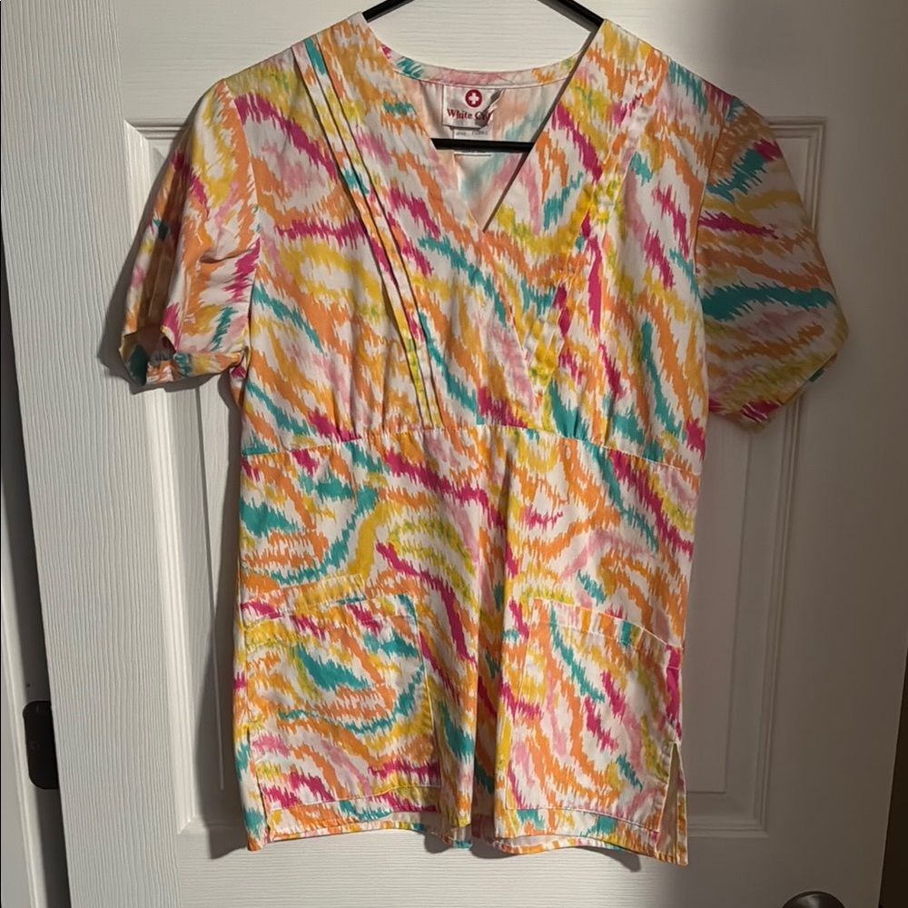 White Cross Graphic Yellow Orange Short Sleeve scrub top